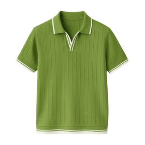 Polo de Manga Corta a Rayas de Punto para Hombre, Cuello con Botones, Casual, Verano, 100% Algodón, Transpirable, con Ribete Blanco y Verde - Product Image 4
