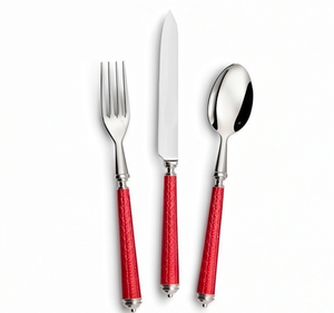 Ensemble de couverts élégants en acier inoxydable avec manches en cuir rouge, couteau, fourchette, cuillère, passe au lave-vaisselle, vaisselle de mariage - Product Image 1