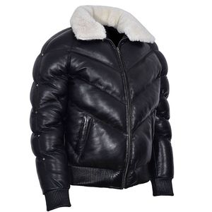 Black Leather <b>Puffer</b> <b>Jacket</b> <b>White</b> Crew Neck Spring Warm Streetwear Zipper Unisex Stylish Quilted <b>Jacket</b> - Product Image 1