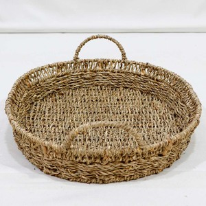 Plateau de service et de rangement rond décoratif en jonc de mer tressé fait main avec poignées en anse haute - Product Image 6
