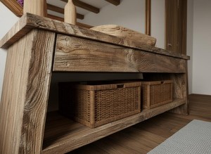 Mueble de Baño de Madera Artesanal con Lavabo de Madera Natural, Consola de Madera Sólida con Estante de Almacenamiento para Baño - Product Image 3