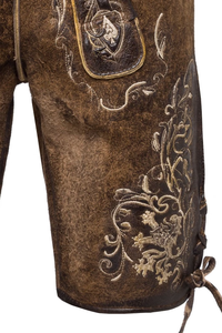 Men Bavarian Lederhosen <b>Shorts</b> Brown Solid Embroidered Traditional Trachten Mid Waist Vintage Style Eco-Friendly 360g Button Fly - Product Image 6