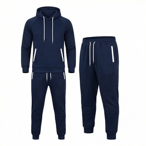 Ensemble de survêtement bleu marine à capuche pour homme, manches longues, vêtements de sport décontractés avec poches latérales, fermeture à cordon, coupe régulière, tenue d'automne - Product Image 1