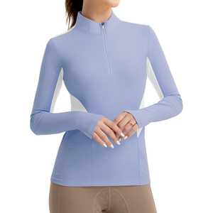 Camiseta de equitación de manga larga morada para mujer, la más vendida, con media cremallera, bloques de color, malla de secado rápido, top ecuestre, ropa para montar a caballo, OEM ODM - Product Image 4