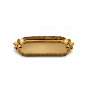 Gold Rectangular Serving <b>Tray</b> with Flower Handles Polished Metal Finish Residential Use - Product Image 1