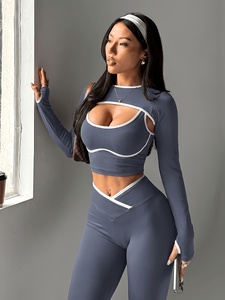 Women 3 Piece Seamless Activewear Set High Waist Tummy Control Leggings Bra <b>Long</b> Sleeve Top - Product Image 2
