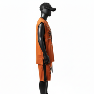 Ensemble short et t-shirt sans manches pour homme, coton mélangé premium, panneau orange, impression personnalisée avec strass. - Product Image 3