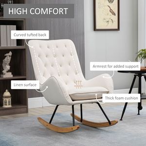 Poltrona a dondolo imbottita color crema in stile Mid-Century con schienale a orecchioni e base in legno di gomma, ideale per studio, camera da letto e relax - Product Image 5