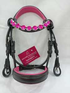 Brida de cuero de buena calidad para caballo con frontal de cristal rosa y narquileras acolchadas para uso ecuestre - Product Image 2