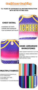 Uniforme de cheerleading pour adultes à manches longues en spandex/polyester, impression par sublimation, strass, dégradé violet rose jaune, haut - Product Image 3