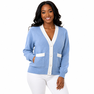 Cosh International Sisterhood Sorority Custom Logo <b>Light</b> Blue V-Neck Knitted <b>Cardigan</b> With White Trim And Pockets Long Sleeve - Product Image 3