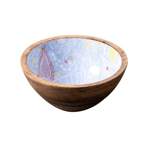 Bol de service en bois artisanal avec intérieur décoratif en émail, bol rond pour salade, fruits, en-cas, décoration de cuisine à domicile - Product Image 1