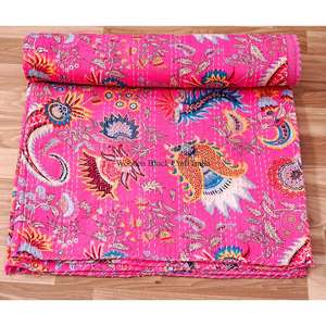 Couvre-lit Kantha imprimé paon fait main du Rajasthan, vintage, écologique, toutes saisons, double taille, 100% coton biologique - Product Image 4
