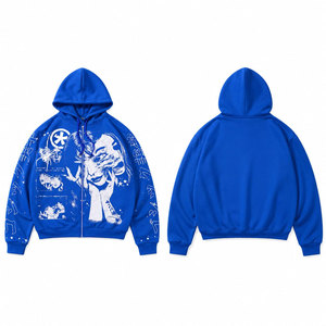 Sweat à capuche zippé bleu pour homme, coupe oversize, style streetwear, imprimé, en coton tricoté, coupe classique, pour l'automne - Product Image 1
