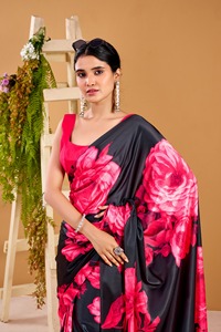 Indian Traditional Ethnic Satin Silk <b>Saree</b> in Floral Print for Casual Wear and Festive Function for Women Fancy Trendy Outfit - Product Image 5