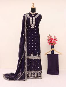 Regal invierno estilo Semi-Chinon seda Shalwar Kameez bordado pesado Santoon forro Dupatta elegante indio paquistaní ropa - Product Image 4