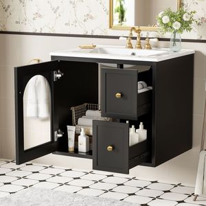 Mobile Bagno Sospeso da 24 Pollici per Spazi Ridotti con Lavabo in Ceramica, 2 Cassetti e 1 Anta con Chiusura Ammortizzata - Product Image 4
