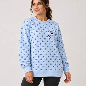 Women's Light Blue Crewneck <b>Sweatshirt</b> with Medium Blue Allover Polka Dots <b>Long</b> Sleeve Custom Logo - Product Image 4