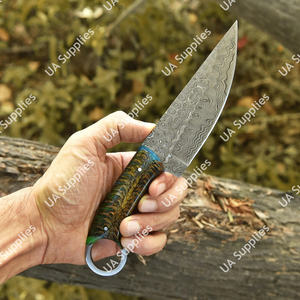 Couteau tactique de chasse et de camping à lame fixe en acier Damas Rain Drop, avec trou pour le pouce, manche en résine de pin, idéal pour l'EDC - Product Image 2