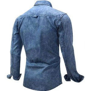 Men's Slim Fit Denim Shirt Long Sleeve Solid Color Turn-<b>down</b> Collar Washable Casual Style Full Sleeve Cotton Shirt - Product Image 4