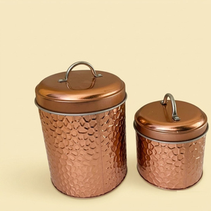 Handcrafted Hammered Metal Storage Canister With Mango Wood <b>Lid</b> And Ginkgo Leaf Handle <b>Decorative</b> Antique Gold Jar For Kitchen - Product Image 4