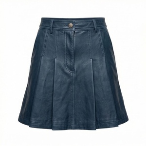 Jupe trapèze en cuir taille haute pour femme, longueur genou, plissée, couleur unie, avec poches, finition brillante, toutes saisons - Product Image 5