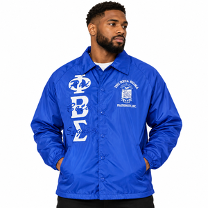 Veste de coach pour homme bleu roi Phi Beta Sigma avec lettres grecques brodées blanches, écusson de la fraternité, fermeture à boutons-pression, manches longues - Product Image 1