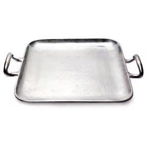 Plateau décoratif rectangulaire en métal argenté avec poignée, design minimaliste, emballage individuel - Product Image 1