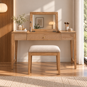Solid Oak Wood Dressing <b>Table</b> Modern Bedroom <b>Vanity</b> Desk <b>With</b> Mirror <b>Drawer</b> Storage Furniture For Home Makeup Organization - Product Image 6
