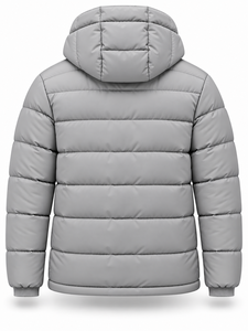 Men's Gray Hooded Puffer Jacket <b>Waterproof</b> Quick Dry Front Logo Windproof Zipper Closure 100% Polyester <b>Winter</b> Casual <b>Coat</b> - Product Image 2