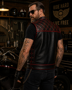 Men's Classic Black Leather Biker Vest Orange Diamond <b>Quilted</b> Winter Motorcycle Gilet Sleeveless Jacket Zipper Closure - Product Image 2