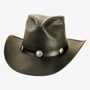 Chapeau de cowboy en cuir noir de qualité supérieure, à large bord, style western avec bande en concho métallique, style classique Rodeo Ranch pour hommes et femmes - Product Image 4