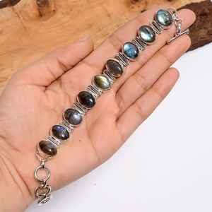Pulsera de Plata con Piedra Preciosa Ovalada de Labradorita Natural, Estilo Vintage, Plata de Ley 925, Joyería Bohemia, Regalo - Product Image 5