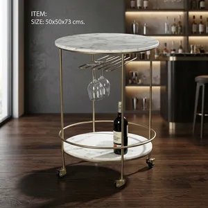 Modern Iron Marble Wine <b>Trolley</b> Bar Cart Round Rolling <b>Serving</b> Cart Gold Metal Frame Two Tier Storage Rack Glass Holder - Product Image 5