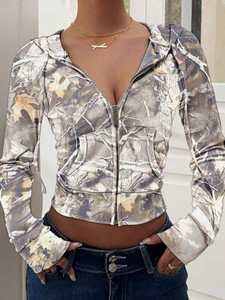 Haut court zippé gris uni pour femme, style streetwear hiver, décontracté, ajusté, à manches longues, avec fermeture éclair frontale, logo personnalisé, OEM, marque privée - Product Image 4