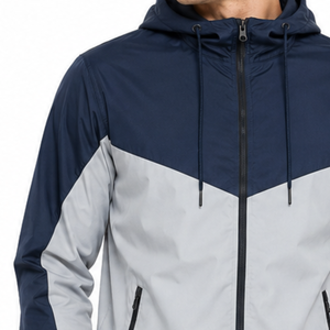 Veste coupe-vent classique pour homme à capuche, style décontracté, avec empiècements en V bicolores bleu marine et gris clair, idéale pour la gym et la course à pied - Product Image 3