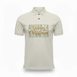 Men's Beige Short Sleeve Polo <b>Shirt</b> Happy <b>Christmas</b> Glitter Letter Pattern Casual Regular Fit Top - Product Image 1