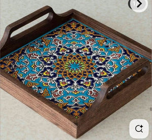 Bandeja MDF esmaltada decorativa para bodas y fiestas con asas de madera de bambú, bandeja para servir comida para desayuno y té - Product Image 3