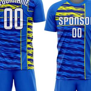 Ensemble de maillots de football personnalisés sublimés, bleu et jaune rayé, manches courtes, évacuation de l'humidité, 100% polyester respirant, uniforme pour hommes - Product Image 4