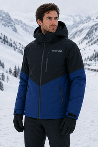 <b>Men's</b> <b>Blue</b> Black Color Blocked Waterproof <b>Ski</b> <b>Jacket</b> Hooded Zipper Closure Custom Logo Front Synthetic Insulated Outdoor Wear - Product Image 2