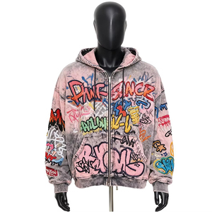 Custom Embroidered Acid Wash <b>Zip</b>-<b>Up</b> Hoodie <b>Men</b> 450GSM Heavyweight 100% Cotton <b>Fleece</b> Graffiti Streetwear Eco-Friendly Hooded - Product Image 1