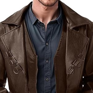 Manteau long en cuir noir pour homme avec fourrure, style trench-coat, boutonné, idéal pour l'hiver - Product Image 1