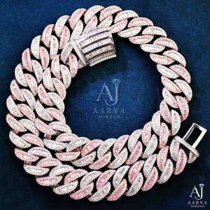 Collier maille cubaine plaqué or rose, serti de moissanite taille baguette, style hip-hop, avec pendentif en moissanite, cadeau bijou - Product Image 3