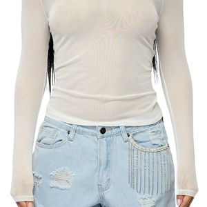 Blusa Transparente de Manga Larga para Mujer, Cuello Redondo, Top de Malla Delgada, Camisa Lisa Transparente para Combinar en Capas con Dobladillo Recto, Tops con Etiqueta Personalizada - Product Image 6