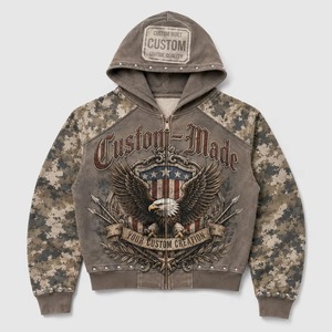 Men Hoodie Fleece <b>Jacket</b> Cotton Polyester Blend Oversized Boxy Drop Shoulder Distressed Embroidery Rhinestone DTG DTF Print - Product Image 1