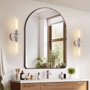 Set di Due Moderne Applique da Parete a Filo Fisso in Nichel Spazzolato, Illuminazione per Bagno con Vetro Trasparente, Elegante Decorazione Murale - Product Image 5