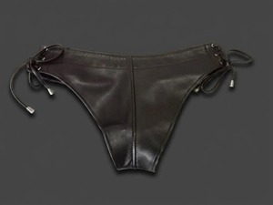 Premium Genuine Leather <b>Men's</b> Black Leather <b>Thong</b> Briefs Low-Rise Seamless Solid Color Woven Fabric Style - Product Image 1