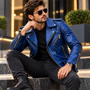 Veste de motard en cuir véritable bleu gaufré pour homme, doublure en soie, fermeture éclair élégante, streetwear haut de gamme - Product Image 4