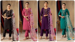 Conjunto de Kurta de Seda Romana para Mujer con Bordado a Mano y Pantalón Recto, Ropa Tradicional India - Product Image 2