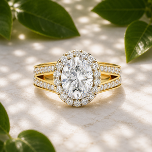 Bague de fiançailles solitaire ovale en diamant de laboratoire Halo 1,50 carat certifié IGI, en or massif 18 carats, avec bande fendue et pavé, bijoux fins - Product Image 1